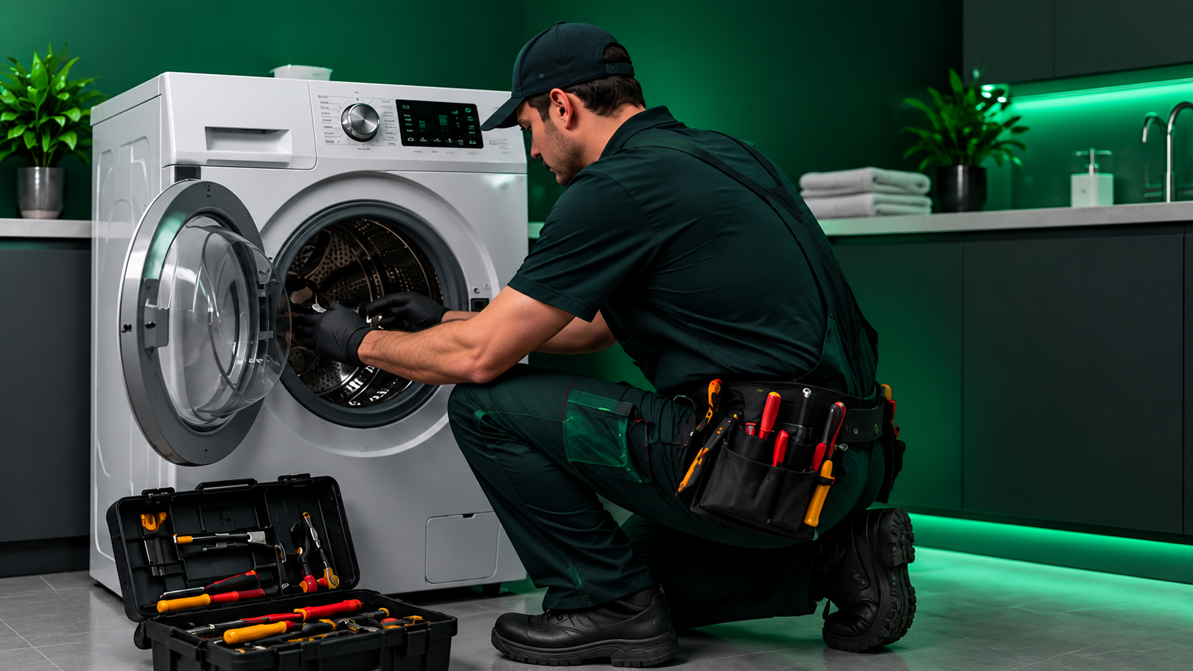 Técnico realizando manutenção em lava e seca